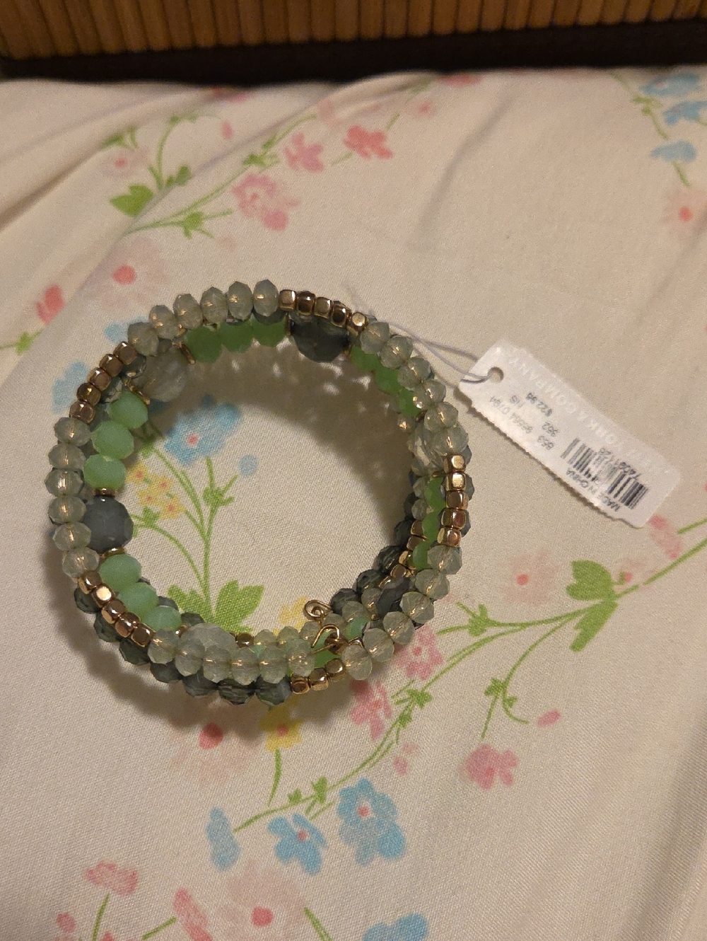 New York & Company Pale Green and Gray Coil Bracelet with Gold Beads